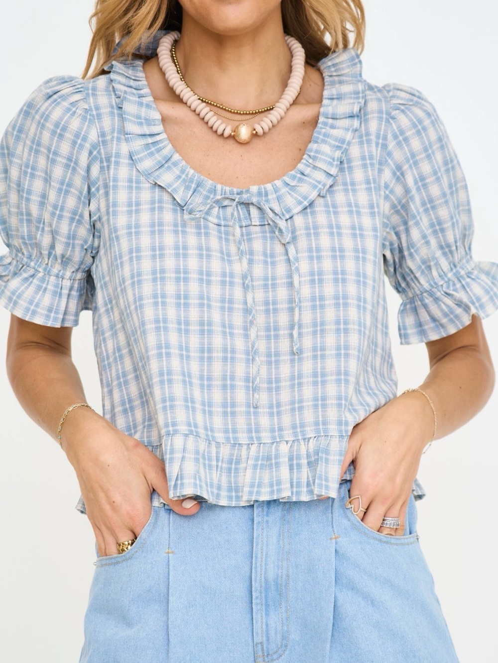 Light Blue Plaid Ruffle-Neck Short Sleeve Blouse